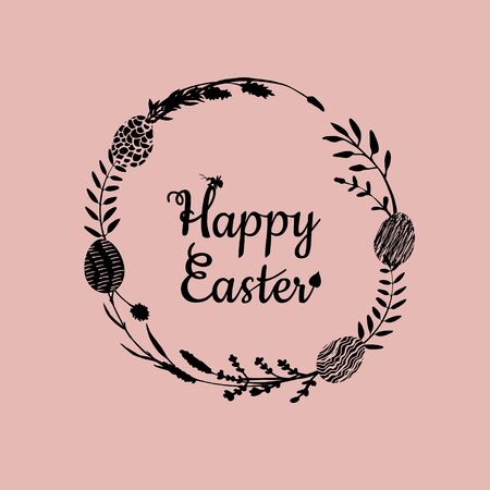 Happy Easter card with herbal wreath made of hand drawn meadow flowers, field herbs, branches, twigs and Easter eggs. Botanical silhouettes. Vectorのイラスト素材
