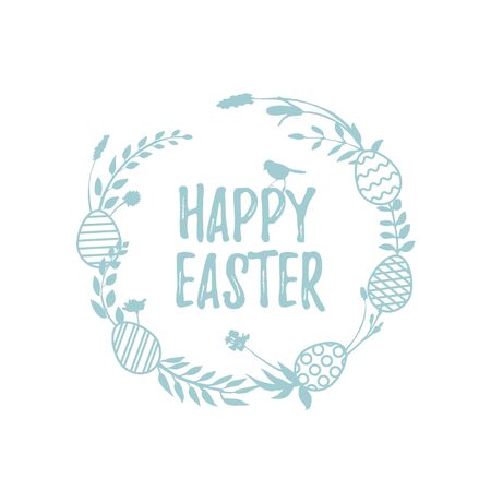 Happy Easter greeting card with floral wreath made of hand drawn meadow flowers, field herbs, branches, twigs and Easter eggs. Botanical silhouettes. Vectorのイラスト素材