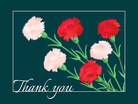 White and red carnation bouquet. Floral thank you card. Holiday background for Happy Mothers Day. May 9 russian holiday Victory Day. Retro design. Vectorのイラスト素材