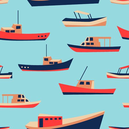 Kid pattern with cute boats. Nautical seamless background. Funny ship drawing. Fishing or sailing design. Vectorのイラスト素材