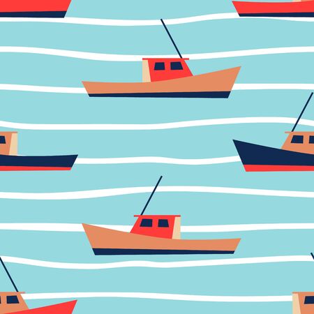 Boat pattern for summer vacation vibes. Nautical seamless background. Sailboat design. Vectorのイラスト素材
