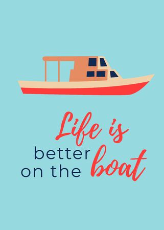 Boat retro poster with a cute quote and a ship drawn. Yacht on blue background. Vectorのイラスト素材