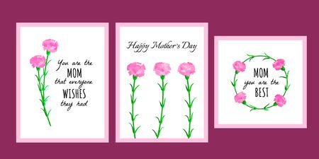 Mothers day card bundle with pink carnation flowers and greeting text. Bouquet and floral round wreath for holiday background. Botanical illustration. Vectorのイラスト素材