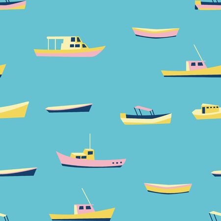 Kid pattern with cute boats. Nautical seamless background. Funny ship drawing. Fishing or sailing design. Vectorのイラスト素材
