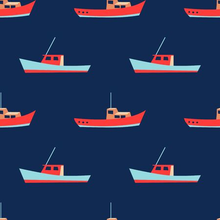 Fishing boat pattern for summer vacation vibes. Nautical seamless background. Sailboat design. Vectorのイラスト素材