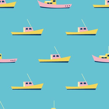 Boat seamless pattern on blue water background. Marine design in flat cartoon style. Vector illustration.のイラスト素材