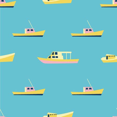 Summer blue seamless pattern with cute boats. Nautical background. Ocean or sea sail print. Vectorのイラスト素材