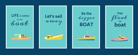 Sea posters set with cute fishing or sailing boats and motivational quotes. Flat cartoon style. Marine retro poster collection. Summer vacation mood. Vectorのイラスト素材