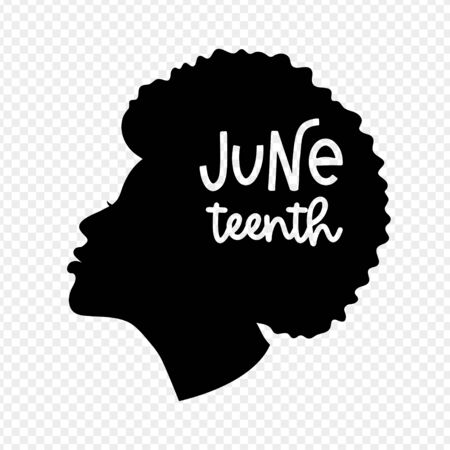 Black girl profile silhouette with a ring earring for Juneteenth holiday. Lettering. Vector design of a proud black girl.のイラスト素材