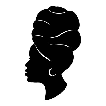 Silhoette of african american woman in a head wrap and with an earring. Beautiful black girl profile. Vector fashion design isolated on white.のイラスト素材