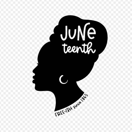 Black woman profile silhouette with a traditional head wrap and ring earring for Juneteenth holiday. Vector design of a proud black girl.のイラスト素材