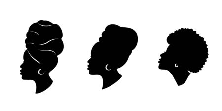 Silhoettes of african american women in a head wrap and with an earring. Beautiful black girls profile. Vector fashion illustration isolatedのイラスト素材