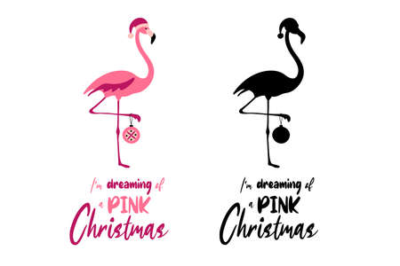 I am dreaming of a Pink christmas - hand written Christmas quote with a cute flamingo holding a Chrismas bauble. Hand drawn lettering for Christmas greetings cards and invitations.T-shirt print.のイラスト素材