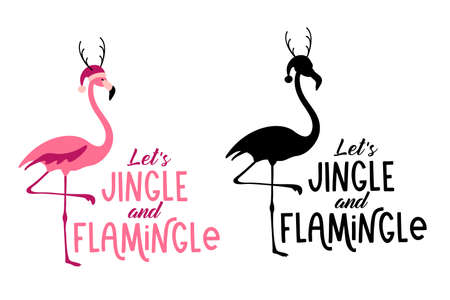 Lets Jingle and Flamingle- hand written Christmas quote with a cute flamingo in a hat with antlers. Hand drawn lettering for Christmas greetings cards and invitations. Good for t-shirt prints.のイラスト素材