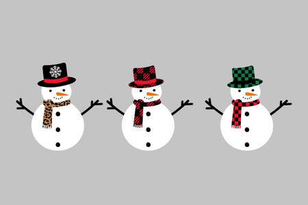 Snowman trio. Cute Christmas characters isolated. Vector cartoon style.のイラスト素材