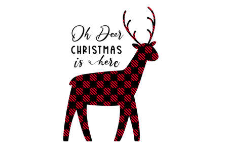 Christmas reindeer silhouette in cartoon style with buffalo plaid pattern. Quote design Oh Deer Christmas is here. Vector deer illustration isolated on white background.のイラスト素材