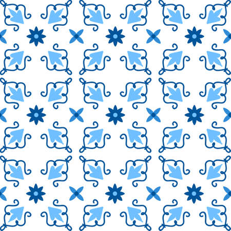 Ceramic tile pattern made in Mediterranean style inspired by Portuguese, Sicilian and Spanish tile traditional design. Vector seamless blue white background.のイラスト素材