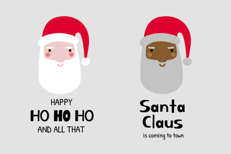 Black Santa with a quote. Santa Claus is coming to town. White Santa with a saying. Happy Ho Ho Ho and all that. Vectorのイラスト素材