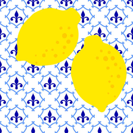 Lemon pattern. Citrus fruit on ceramic tile pattern made in Mediterranean style inspired by Portuguese, Sicilian and Spanish tile traditional design. Vector seamless background.のイラスト素材