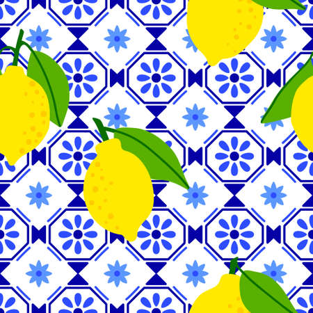 Lemon pattern. Citrus fruit on ceramic tile pattern made in Mediterranean style inspired by Portuguese, Sicilian and Spanish tile traditional design. Vector seamless background.のイラスト素材