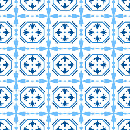 Ceramic tile pattern made in Mediterranean style inspired by Portuguese, Sicilian and Spanish tile traditional design. Vector seamless blue white background.のイラスト素材