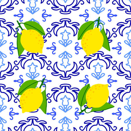 Lemon pattern. Citrus fruit on ceramic tile pattern made in Mediterranean style inspired by Portuguese, Sicilian and Spanish tile traditional design. Vector seamless background.のイラスト素材
