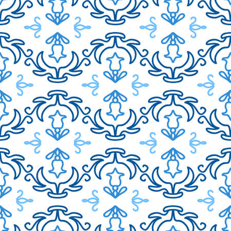 Ceramic tile pattern made in Mediterranean style inspired by Portuguese, Sicilian and Spanish tile traditional design. Vector seamless blue white background.のイラスト素材