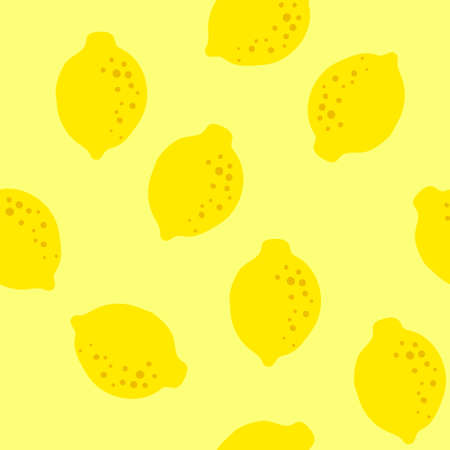 Lemon yellow pattern seamless in bright colors. Repeat background with fruit vector pattern. Citrus fruit drawing. Great as wallpaper, fabric pattern or textile design.のイラスト素材
