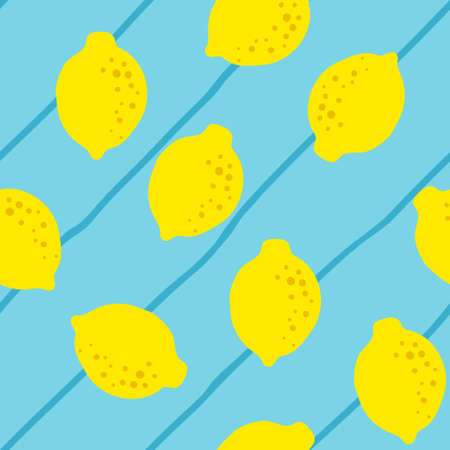 Lemon yellow blue pattern seamless in bright colors. Repeat diagonal stripes background with fruit vector pattern. Citrus fruit drawing. Great as wallpaper, fabric pattern or textile design.のイラスト素材