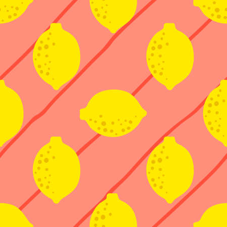 Lemon yellow pink pattern seamless in bright colors. Repeat diagonal stripes background with fruit vector pattern. Citrus fruit drawing. Great as wallpaper, fabric pattern or textile design.のイラスト素材