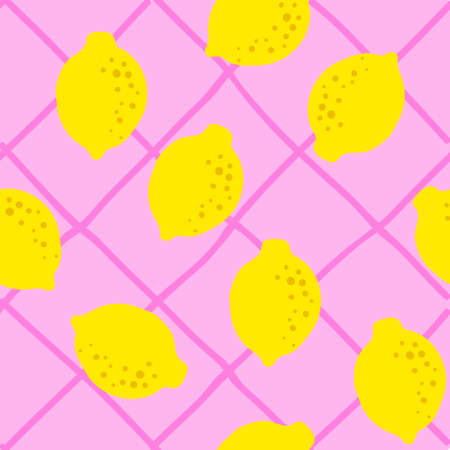 Lemon pattern seamless in bright colors. Repeat background with fruit vector pattern. Citrus fruit drawing. Great as wallpaper, fabric pattern or textile design.のイラスト素材