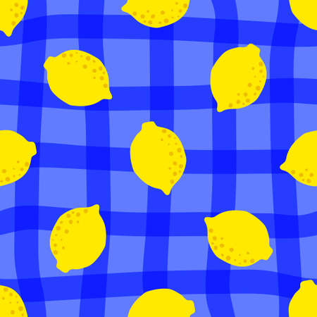 Lemon pattern seamless in bright colors. Repeat yellow blue plaid background with fruit vector pattern. Citrus fruit drawing. Great as wallpaper, fabric pattern or textile design.のイラスト素材