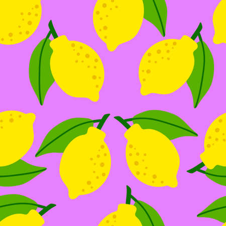 Lemon pattern seamless in bright colors. Repeat purple background with fruit vector pattern. Citrus fruit drawing. Great as wallpaper, fabric pattern or textile design.のイラスト素材