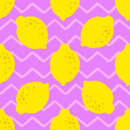 Lemon pattern seamless in bright colors. Repeat purple zigzag background with fruit vector pattern. Citrus fruit drawing. Great as wallpaper, fabric pattern or textile design.のイラスト素材
