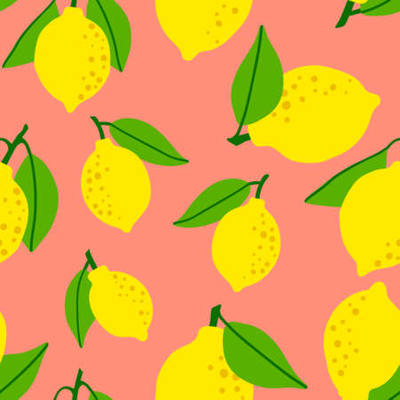 Lemon pattern seamless in bright colors. Repeat background with fruit vector pattern. Citrus fruit drawing. Great as wallpaper, fabric pattern or textile design.のイラスト素材