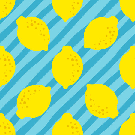 Lemon yellow blue pattern seamless in bright colors. Repeat diagonal stripes background with fruit vector pattern. Citrus fruit drawing. Great as wallpaper, fabric pattern or textile design.のイラスト素材