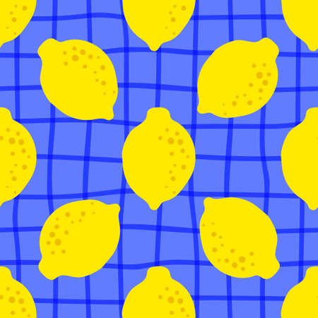 Lemon pattern seamless in bright colors. Repeat yellow blue plaid background with fruit vector pattern. Citrus fruit drawing. Great as wallpaper, fabric pattern or textile design.のイラスト素材