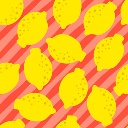 Lemon yellow pink pattern seamless in bright colors. Repeat diagonal stripes background with fruit vector pattern. Citrus fruit drawing. Great as wallpaper, fabric pattern or textile design.のイラスト素材