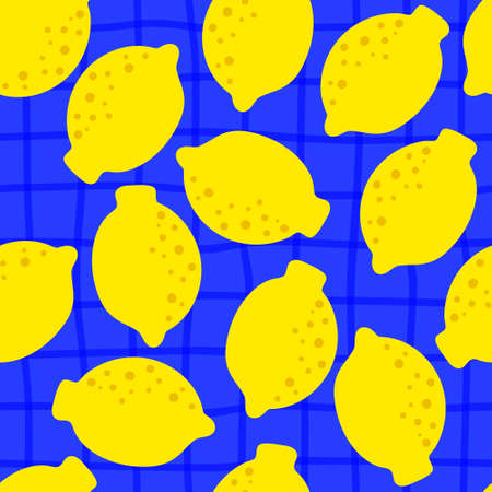 Lemon pattern seamless in bright colors. Repeat blue plaid background with fruit vector pattern. Citrus fruit drawing. Great as wallpaper, fabric pattern or textile design.のイラスト素材