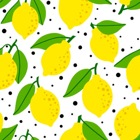 Lemon pattern seamless in bright colors. Repeat dotted background with fruit vector pattern. Citrus fruit drawing. Great as wallpaper, fabric pattern or textile design.のイラスト素材