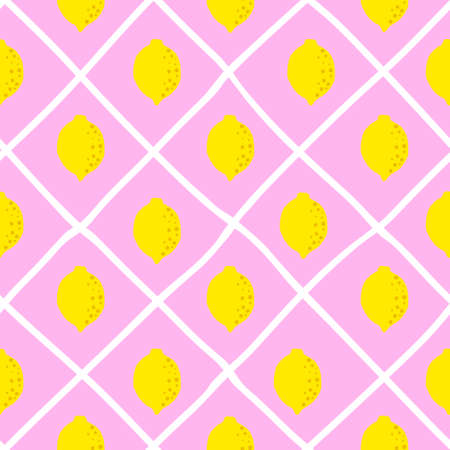 Lemon pattern seamless in bright colors. Repeat background with fruit vector pattern. Citrus fruit drawing. Great as wallpaper, fabric pattern or textile design.のイラスト素材