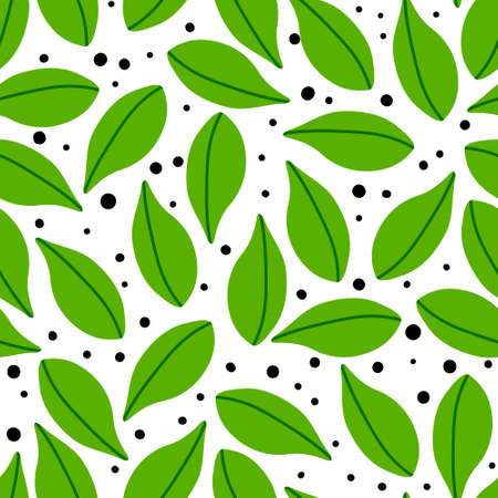 Leaf pattern seamless in bright colors. Repeat vector dots background with leaves. Greenery drawing. Great as wallpaper, fabric pattern or textile design.のイラスト素材