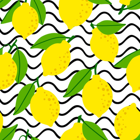 Lemon pattern seamless in bright colors. Repeat background with fruit vector pattern. Citrus fruit drawing. Great as wallpaper, fabric pattern or textile design.のイラスト素材
