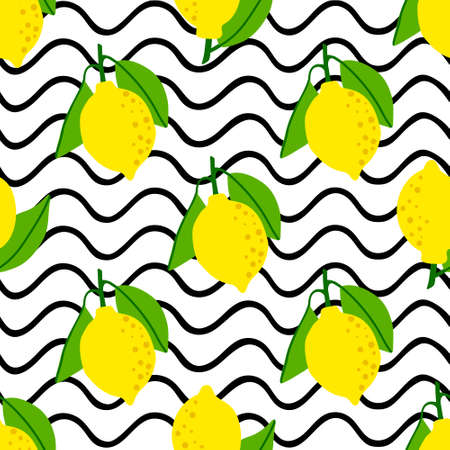 Lemon pattern seamless in bright colors. Repeat background with fruit vector pattern. Citrus fruit drawing. Great as wallpaper, fabric pattern or textile design.のイラスト素材