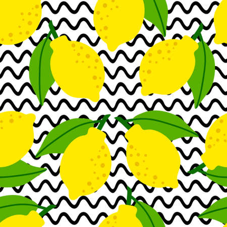 Lemon pattern seamless in bright colors. Repeat background with fruit vector pattern. Citrus fruit drawing. Great as wallpaper, fabric pattern or textile design.のイラスト素材