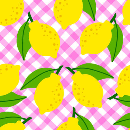 Lemon pattern seamless in bright colors. Repeat pink diagonal plaid background with fruit vector pattern. Citrus fruit drawing. Great as wallpaper, fabric pattern or textile design.のイラスト素材