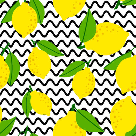 Lemon pattern seamless in bright colors. Repeat background with fruit vector pattern. Citrus fruit drawing. Great as wallpaper, fabric pattern or textile design.のイラスト素材