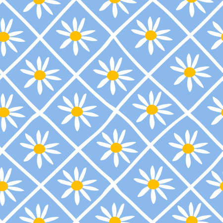 Daisy Pattern Seamless. Blue Floral Pattern background. Textile diagonal pattern or wallpaper...