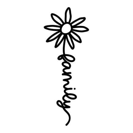 Daisy Flower with Word Family. Simple Doodle Line Drawing Art style. Vector isolated. Great as a Tshirt Print or tattooのイラスト素材