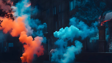 Burning building with red and blue smoke in the city at nightの素材